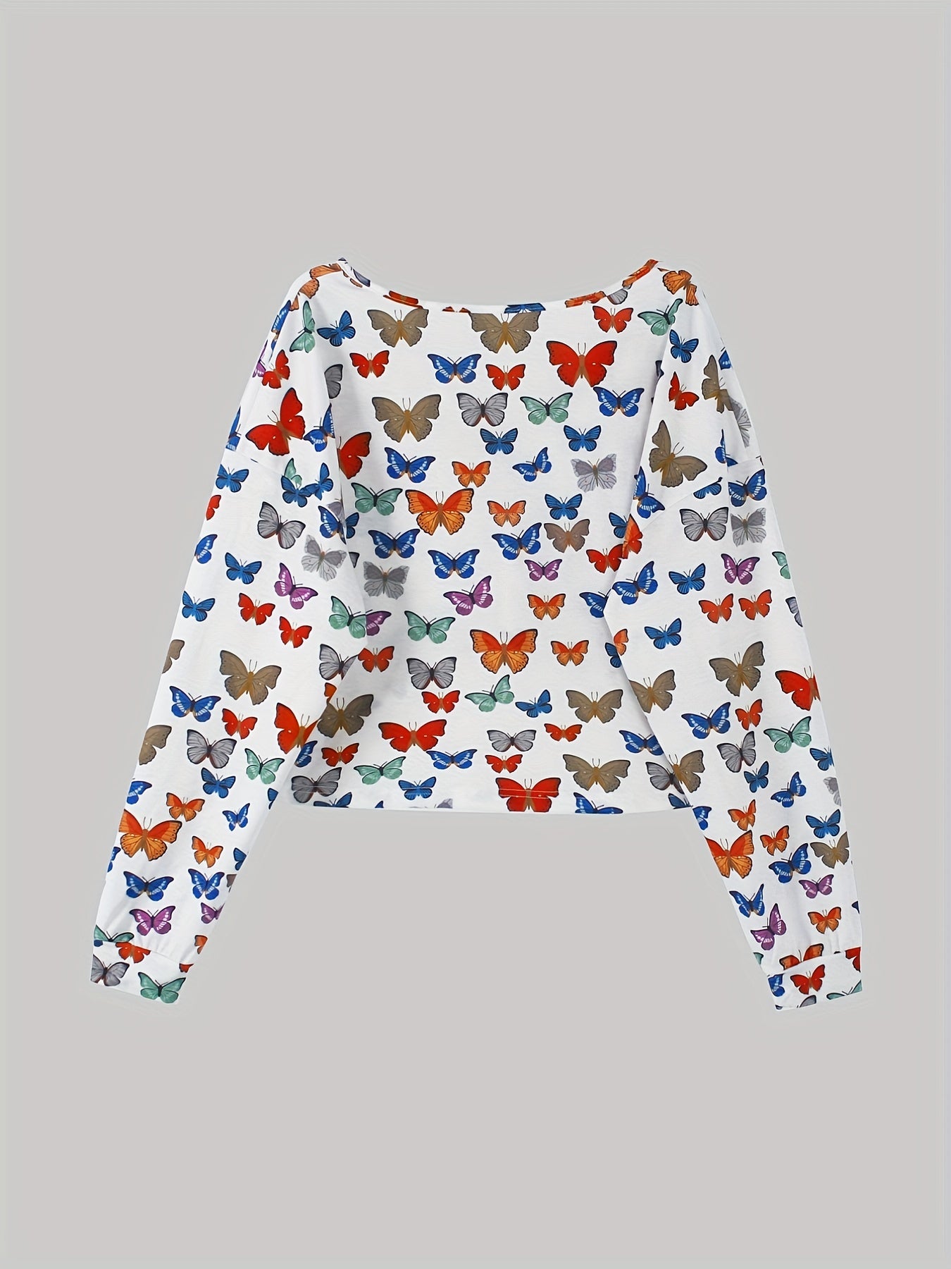 Butterflies Print Casual Two piece Set Notched Neck Crop Top & Elastic Waist Pan