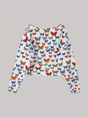 Butterflies Print Casual Two piece Set Notched Neck Crop Top & Elastic Waist Pan