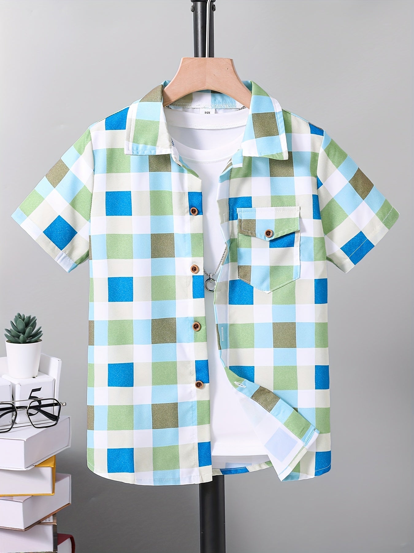 Plaid Graphic Print Boys Top Lapel Shirt Summer Outdoor
