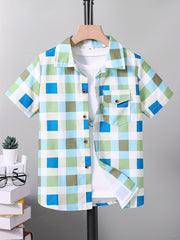 Plaid Graphic Print Boys Top Lapel Shirt Summer Outdoor