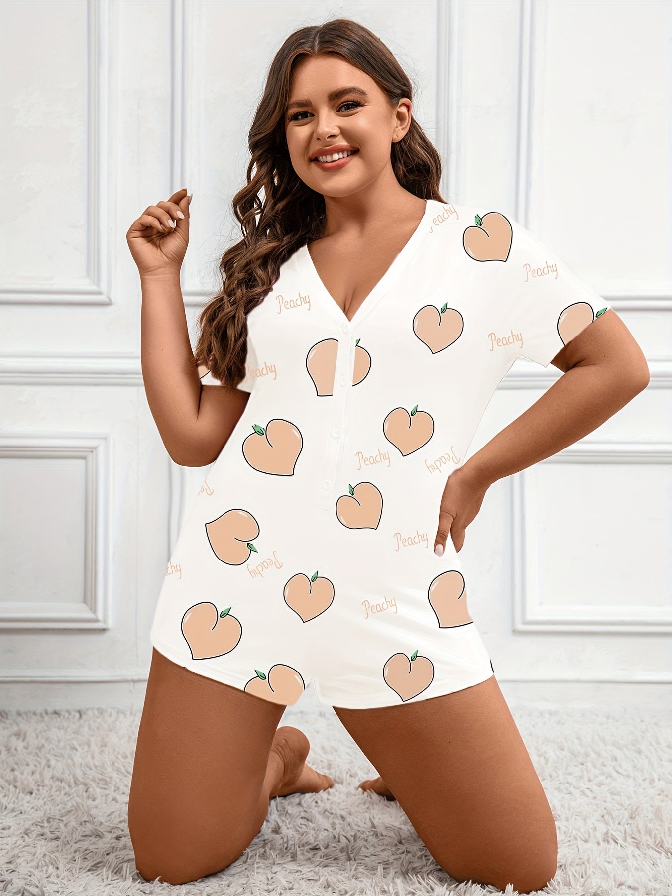 Pajama Romper Women's Plus Peach & Letter Print