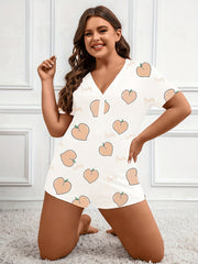 Pajama Romper Women's Plus Peach & Letter Print