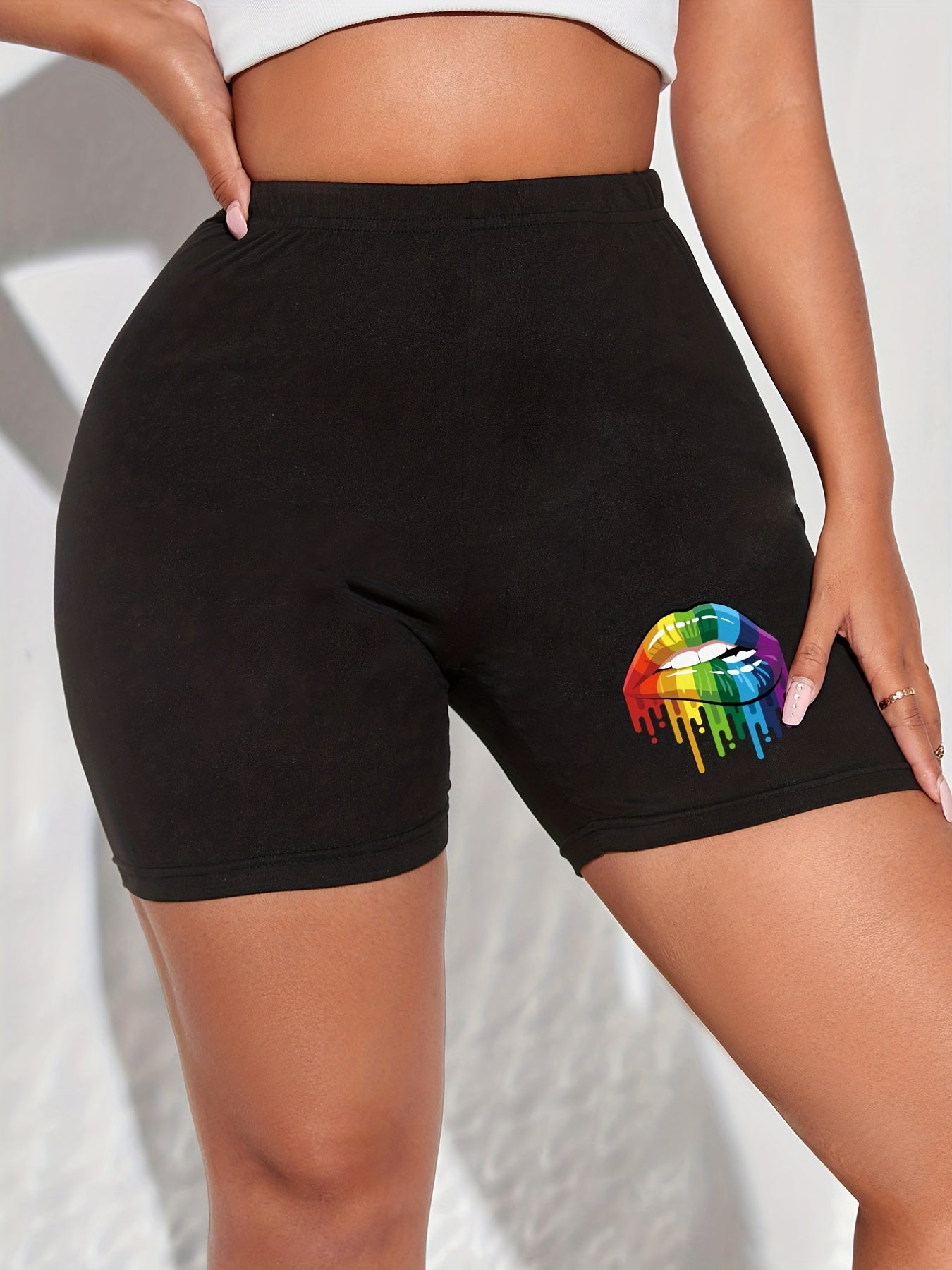Lips Print High Waist Biker Shorts Skinny Sports Yoga Casual Short Leggings