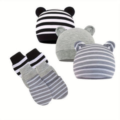 Newborn Infant Hospital Hat Mittens Set Cotton Beanie Bear Ears Cap And Gloves