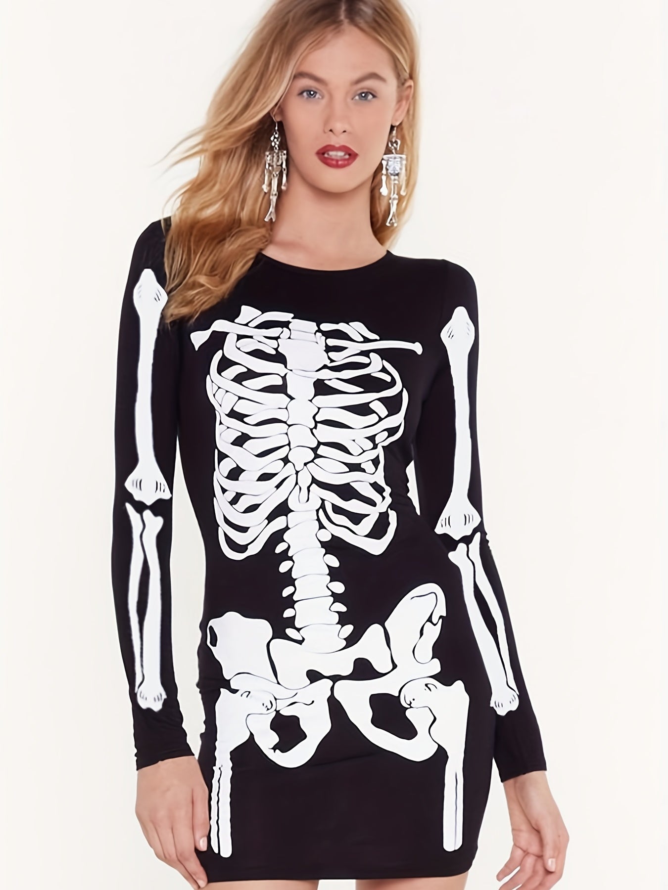 Skeleton Print Halloween Dress Crew Neck Long Sleeve Dress Women's Clothing