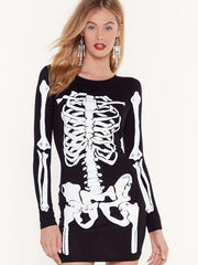 Skeleton Print Halloween Dress Crew Neck Long Sleeve Dress Women's Clothing