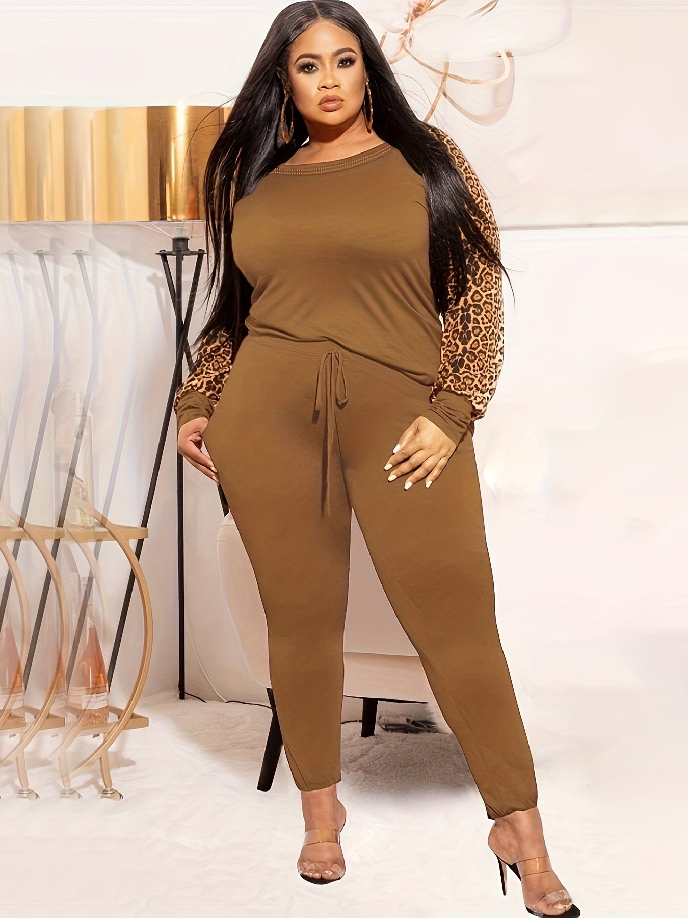 Colorblock Leopard Print Top & Leggings Set