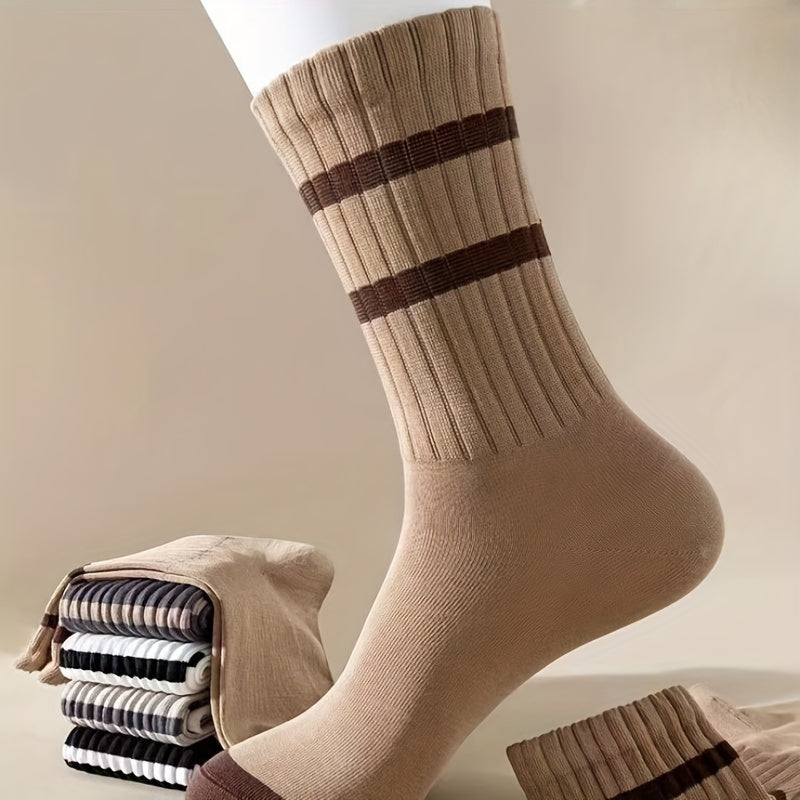 Men's Solid Striped Crew Socks Breathable Comfy Casual Unisex Socks