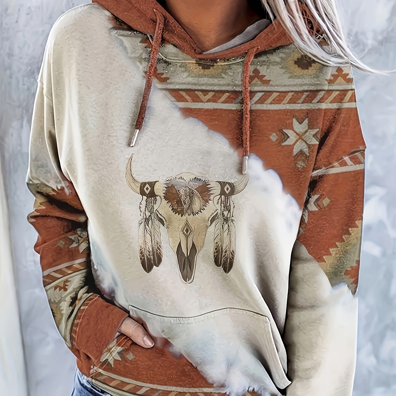 Vintage Cow Head Print Hoodie Kangaroo Pocket Sweatshirt Women