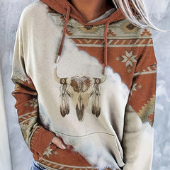 Vintage Cow Head Print Hoodie Kangaroo Pocket Sweatshirt Women
