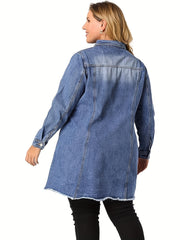 Casual Denim Top Women's Plus Washed Pipping Button Up Long Sleeve