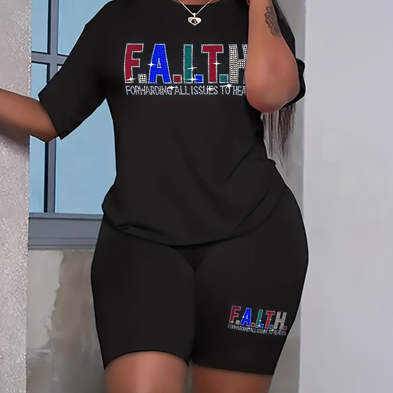 Rhinestone Letter Crop Top & Shorts 2 Piece Set