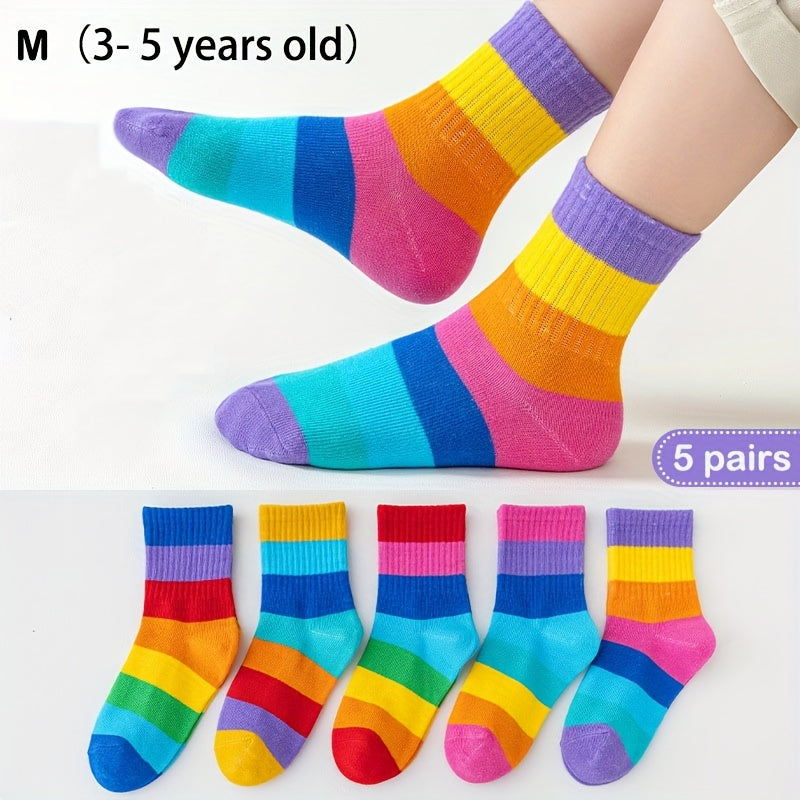 Girl's Rainbow Striped Knitted Crew Socks for Outdoor Wear