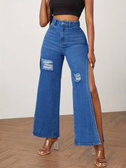 High Waist Split Denim Pants Distressed Wide Legs Jeans