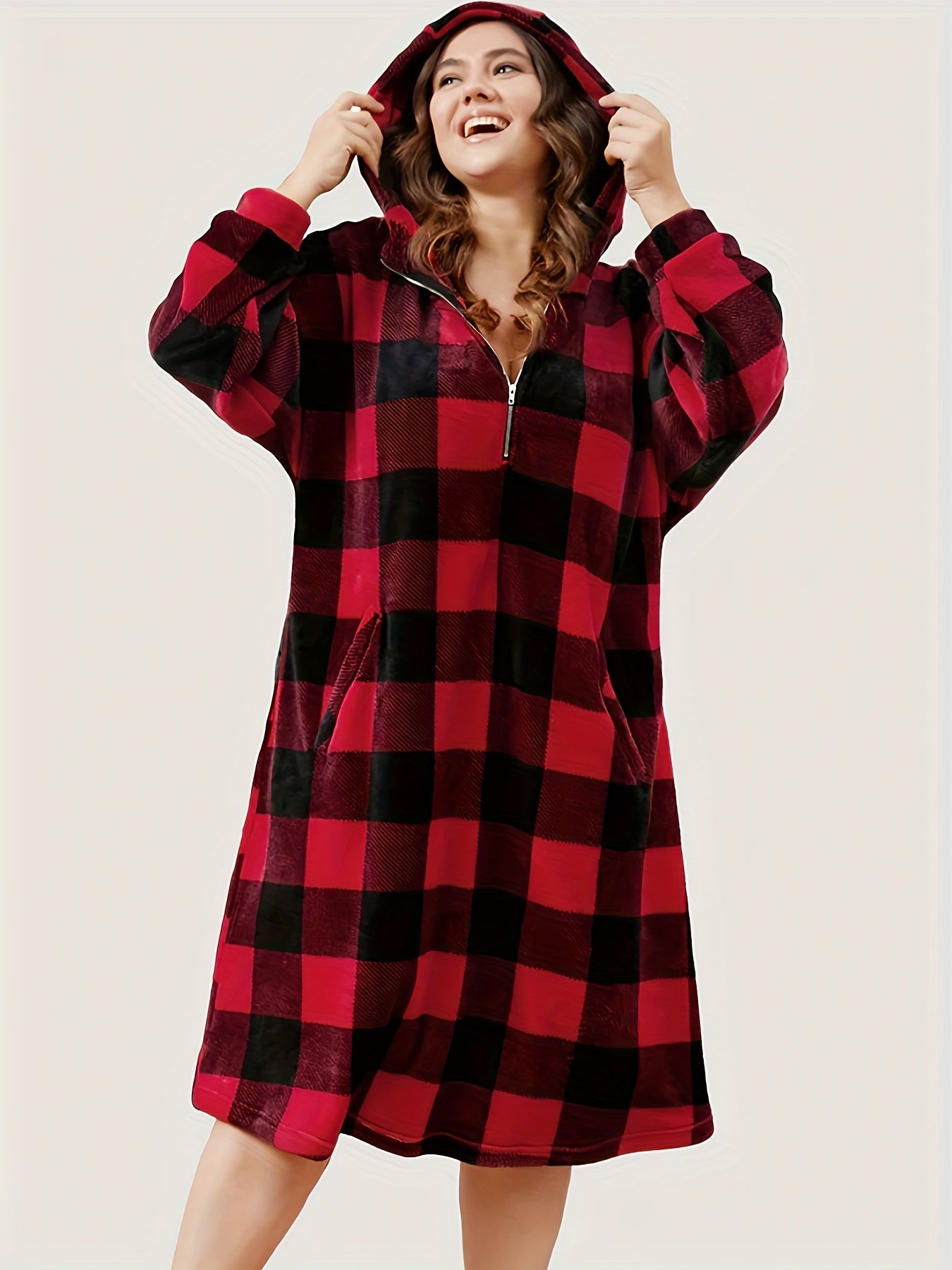 Plaid Print Fleece Hooded Nightgown