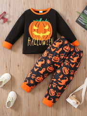 Halloween Print Toddler Kid's Pajamas - Pumpkin Pattern Loungewear Set