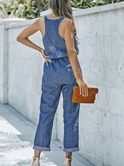Sleeveless Denim Overalls Wide Leg Jumpsuit Womens Jeans
