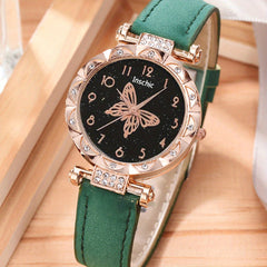 Butterfly Quartz Watch & 4 Bracelets Set, Green Butterfly