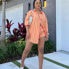 Striped Print Two piece Set Button Front Shirt & Shorts