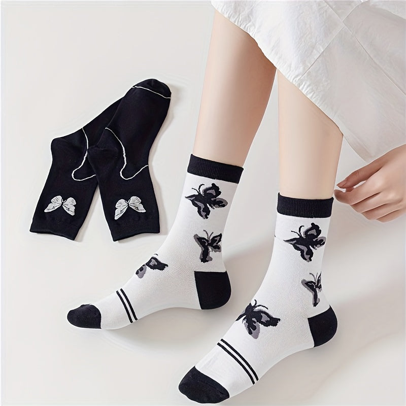 Butterfly Print Mid Tube Socks 2 Pairs Women's Stockings