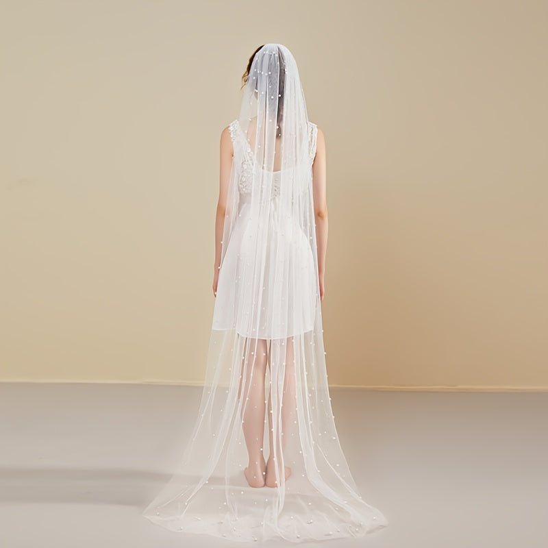 Bridal Veil with Faux Pearls 2m Long Single Layer Mesh