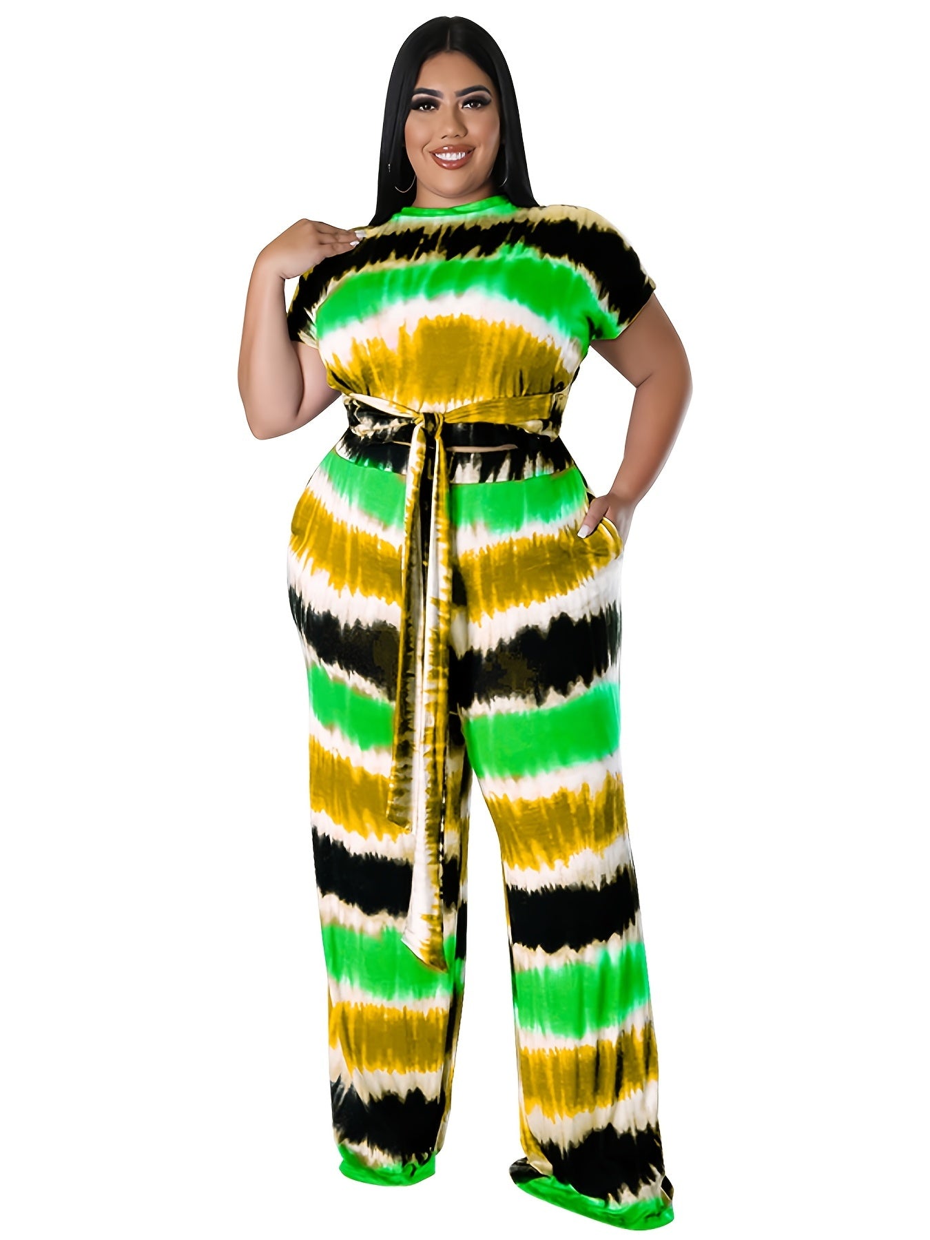 Tie Dye Short Sleeve Belted Crop Top & Loose Pants Set