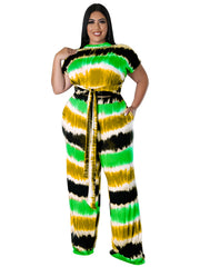 Tie Dye Short Sleeve Belted Crop Top & Loose Pants Set