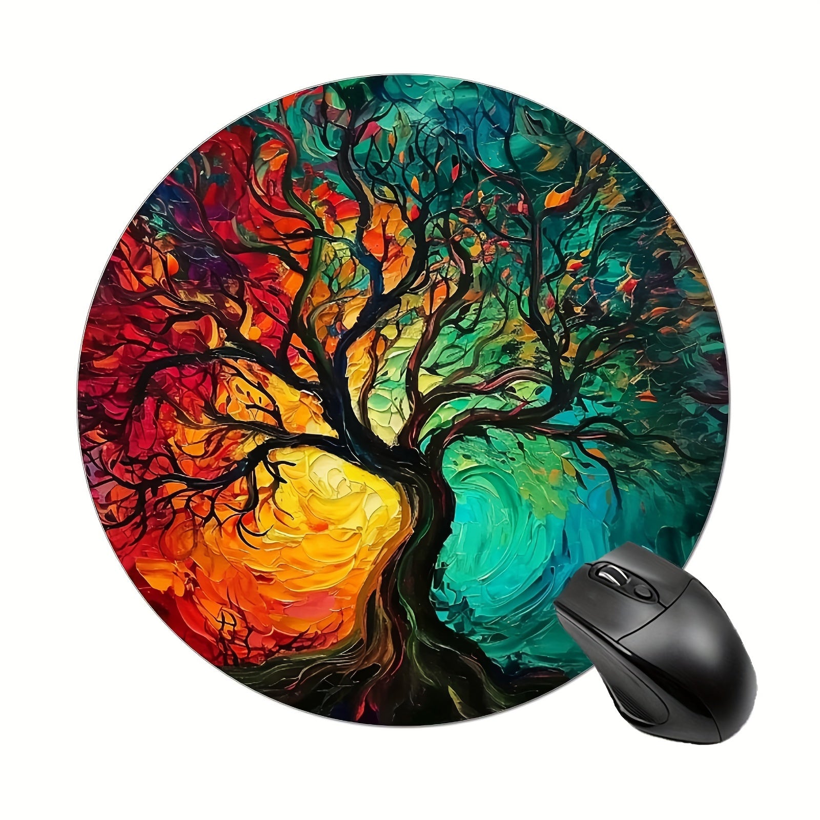 Colorful Tree Pattern Round Mouse Pad Non-slip Rubber Base