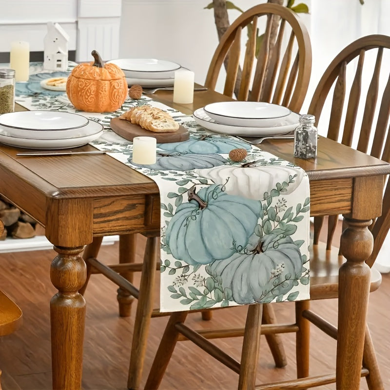 Autumn Eucalyptus Leaf Pumpkin Linen Table Runner
