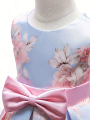 Girls Sleeveless Flowers Graphic Bow Princess Dress Gown