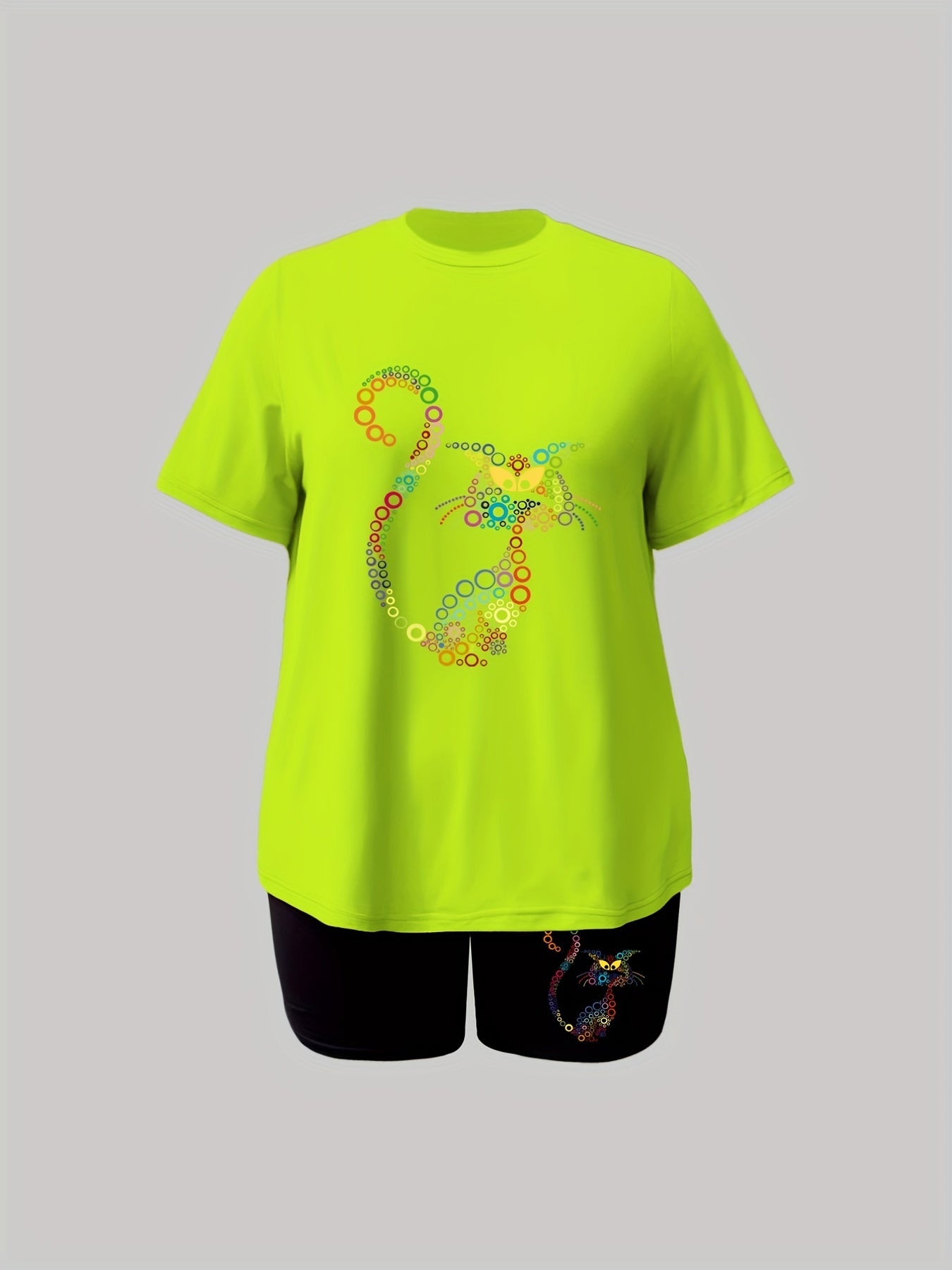 Colorful Cat Print Tee & Shorts Set