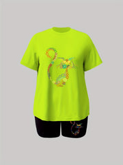Colorful Cat Print Tee & Shorts Set