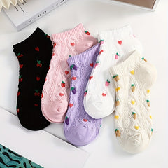 5 Pairs Fruit & Floral Print Low Cut Ankle Socks Women's Stockings