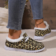 Leopard Print Women's Fleece Snow Boots Non Slip Warm Plush Shoes