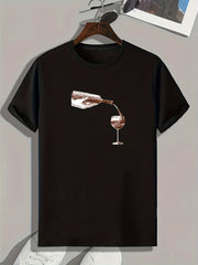 Wine & Cup Print Men's Comfy T shirt Active Breathable Tee