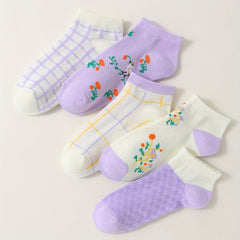 5 Pairs Floral & Plaid Print Socks & Lightweight Ankle Socks Women's Stockings