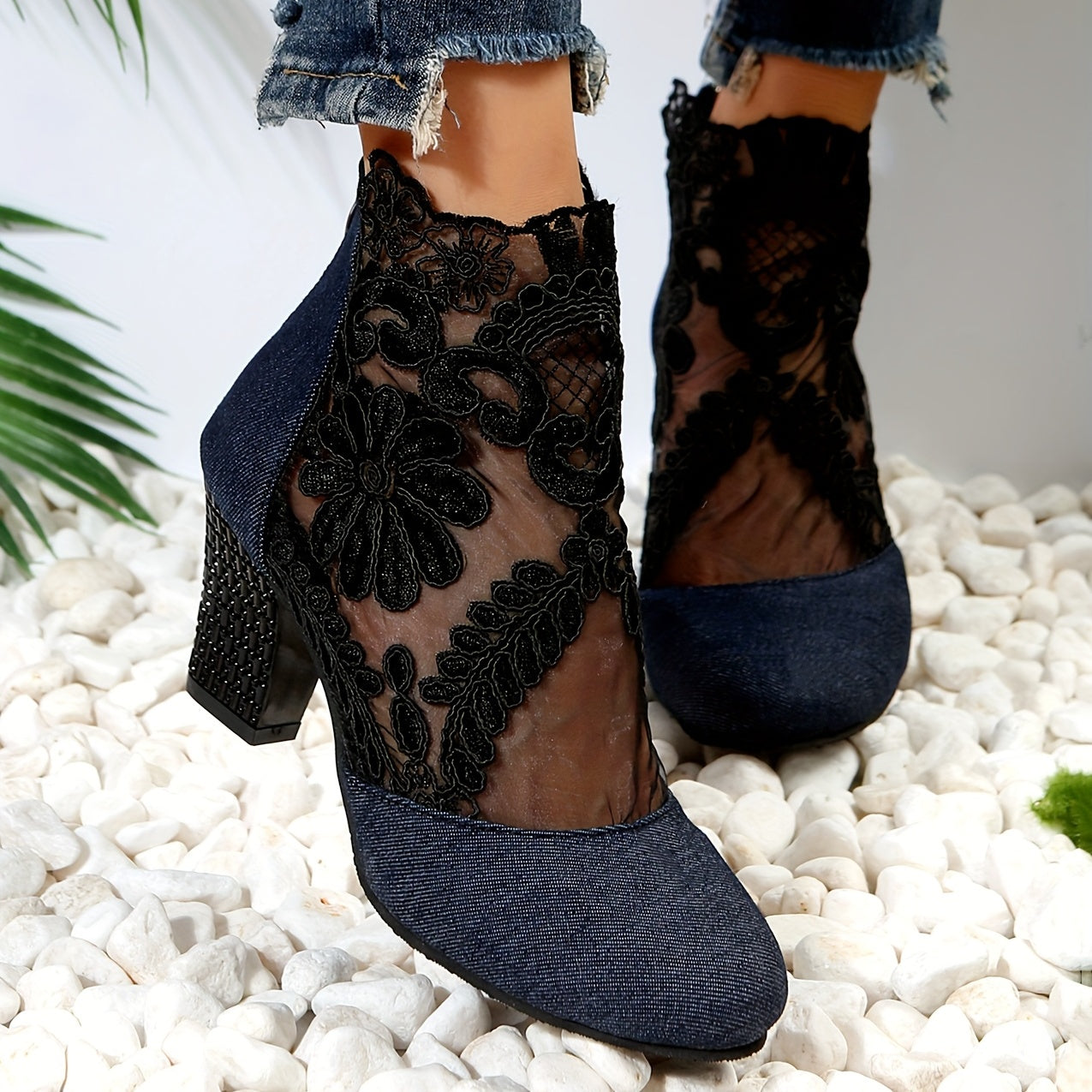 Floral Lace Ankle Boots Chunky Heeled Sandals Dress Heeled Boots