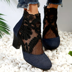 Floral Lace Ankle Boots Chunky Heeled Sandals Dress Heeled Boots