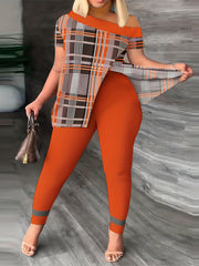 Plaid Print One Shoulder Top & Leggings Set