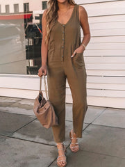 Buttons Front Jumpsuit V Neck Sleeveless Women's Clothing