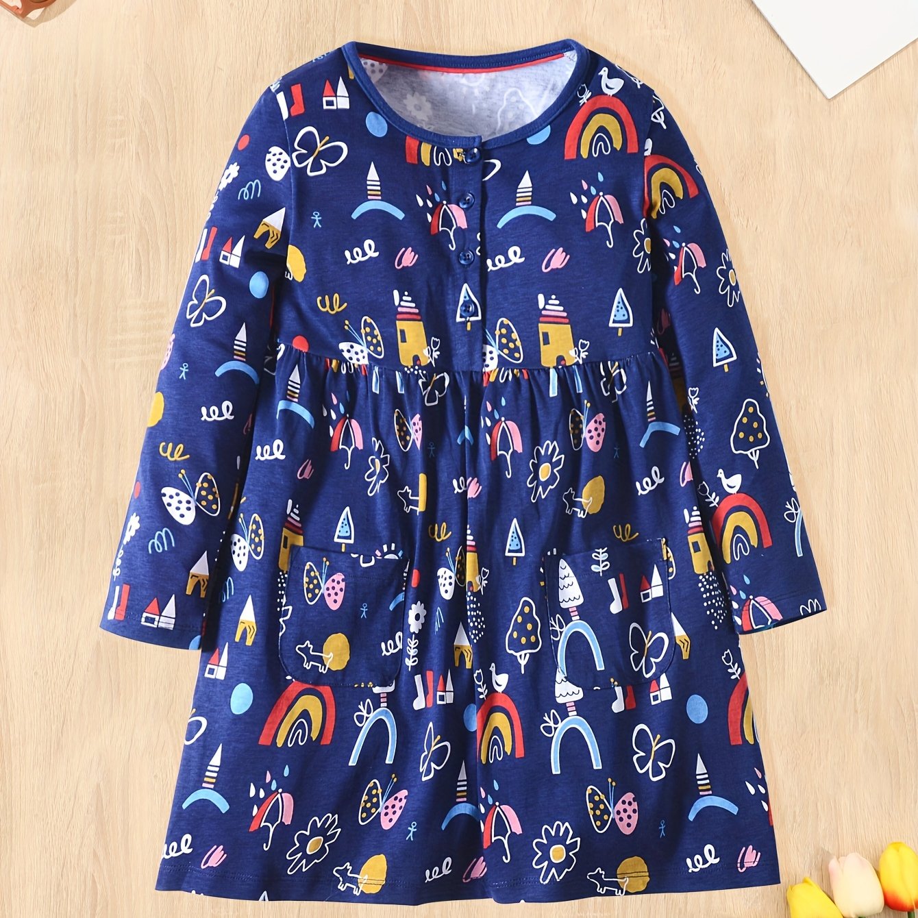 Girls Long Sleeve Cartoon Print Princess Dress