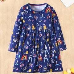 Girls Long Sleeve Cartoon Print Princess Dress