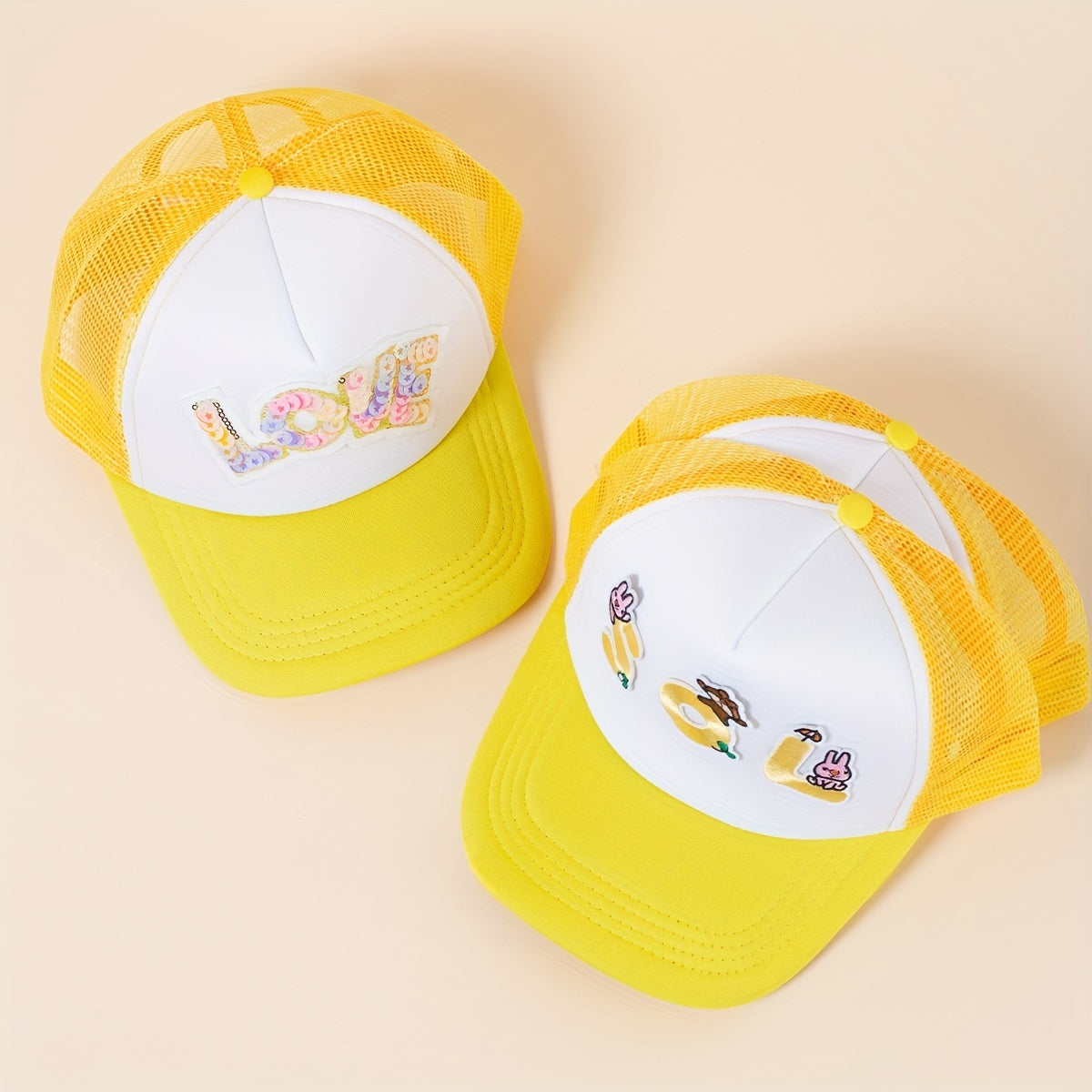 Cartoon Patch Trucker Hat Rabbit Bear LOVE Ice Cream Decor Yellow Baseball Cap