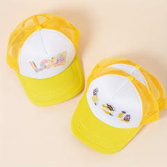Cartoon Patch Trucker Hat Rabbit Bear LOVE Ice Cream Decor Yellow Baseball Cap