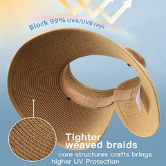 Foldable Ponytail Sun Visor Hats UV Protection Wide Brim Straw Beach Hat
