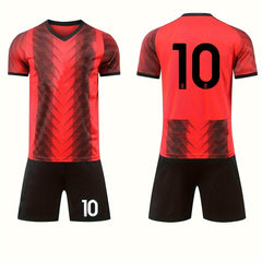 2pcs Boys Red Sports Football Training Outfit Quick Drying T shirt&Shorts