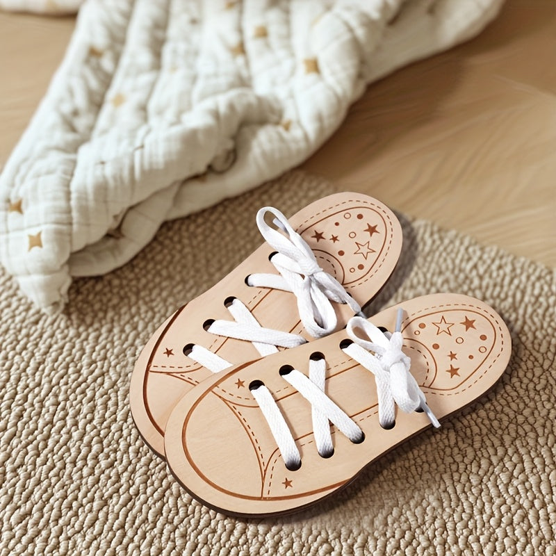 Wooden Shoe Lacing Busy Board Set Educational Toy for Motor Skills