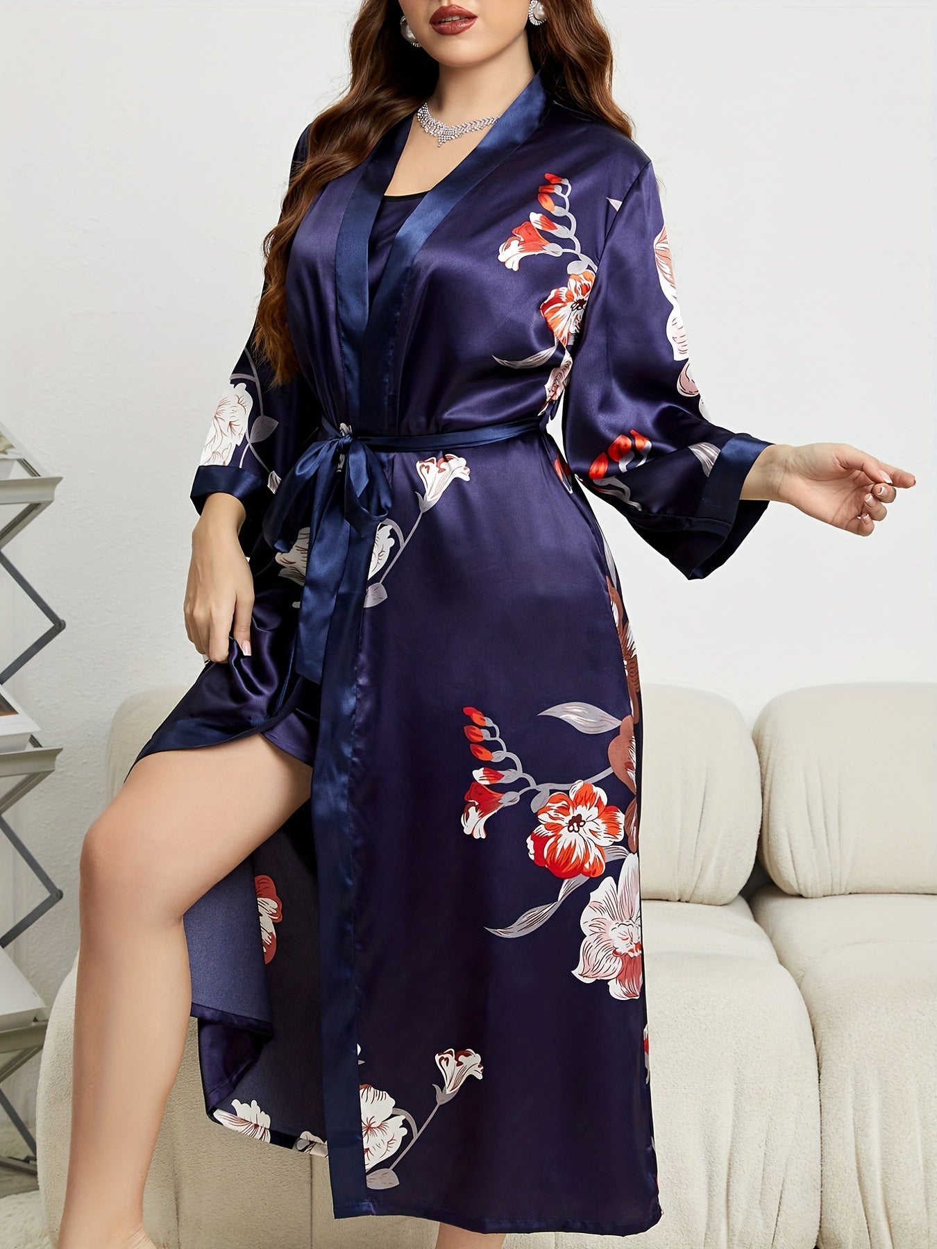 Floral Print Long Sleeve Robe With Belt Plus V Neck Nightgown