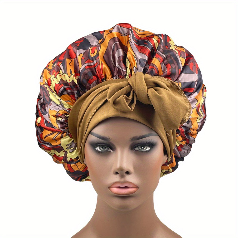 Flower Print Satin Bonnet Lightweight Sleeping Cap Wide Ribbon Hair Bonnets