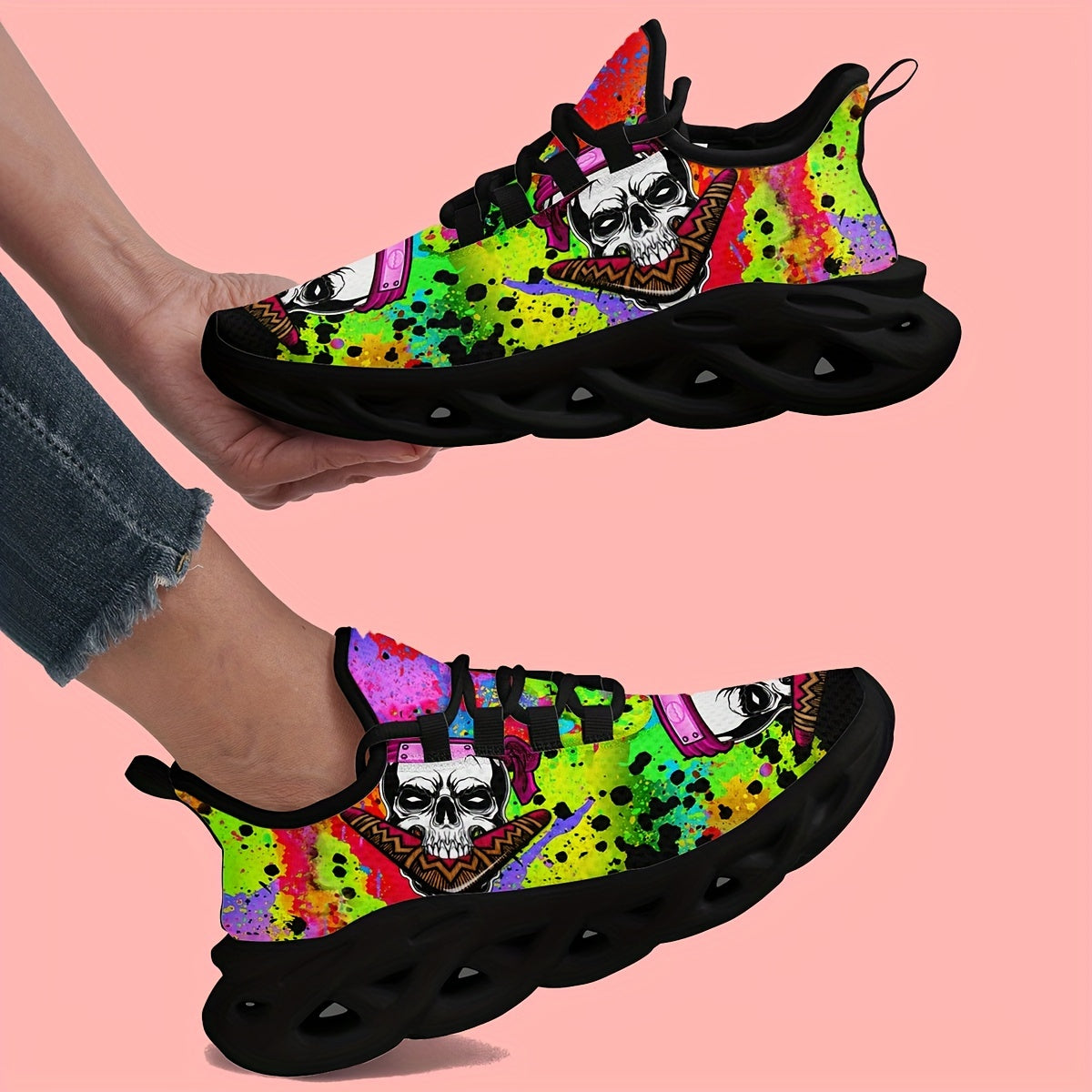Skull & Tie dye Thick Sole Running Shoes Breathable Lightweight Sneakers